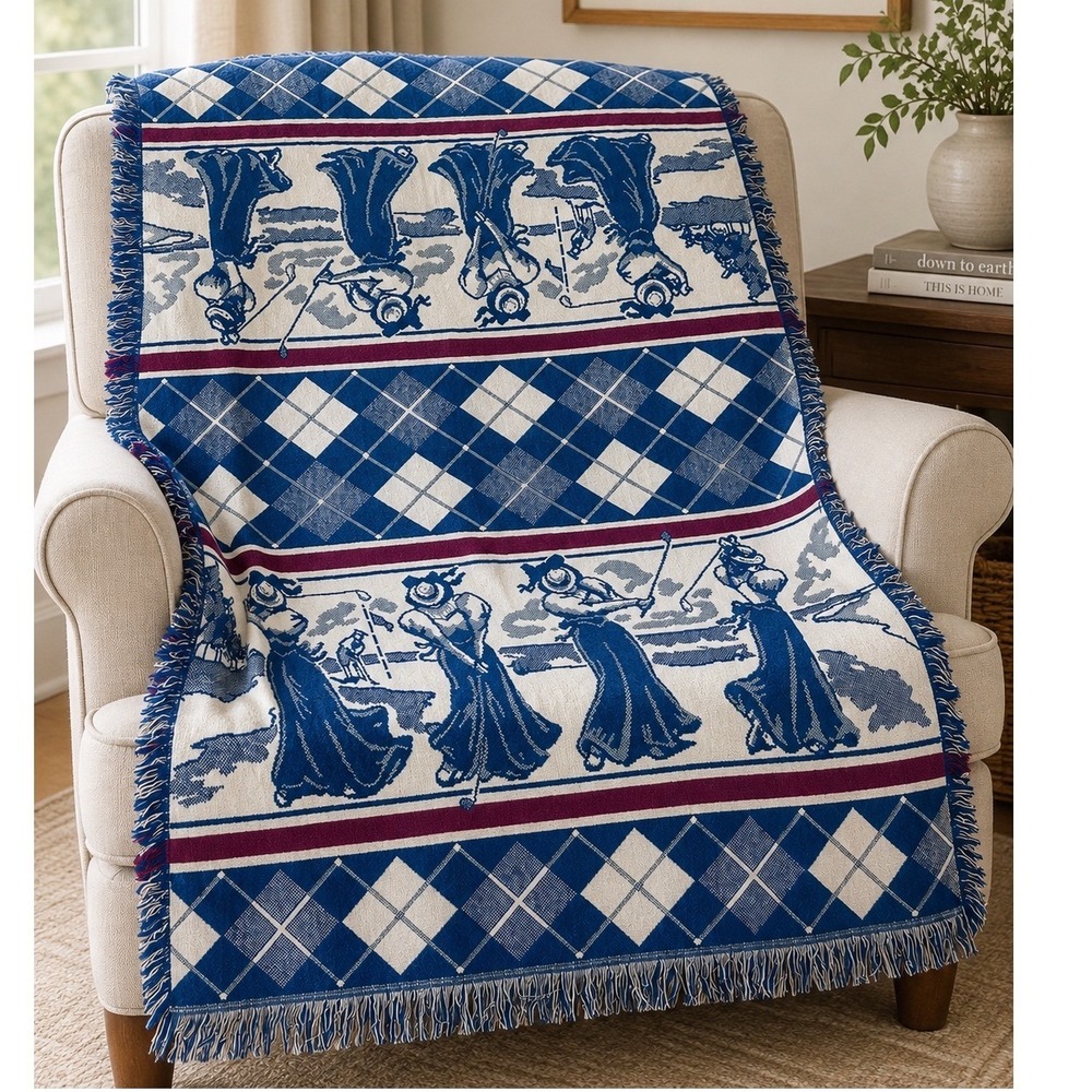 Vintage Simply Country Golf Woven Throw Blanket 70x50 Ladies Golfers USA 1994